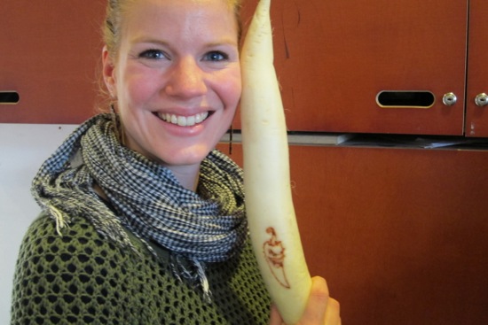 Marie shows off her CNC milled vegetable