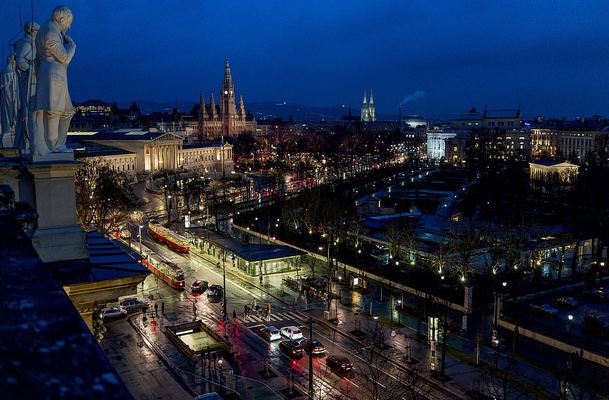 View of city of Vienna at night from a high building.