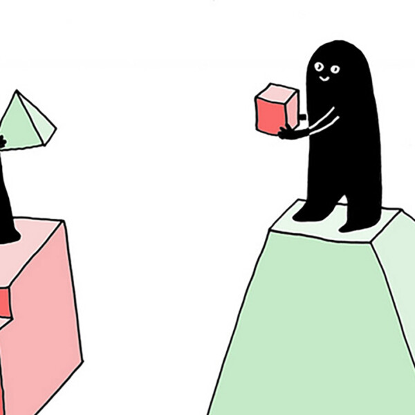 Two drawn figures holding cube and pyramid