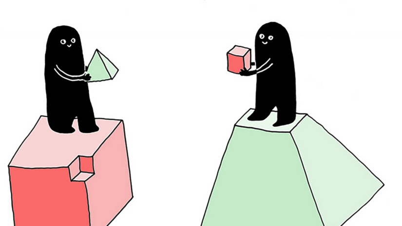 Two drawn figures holding cube and pyramid