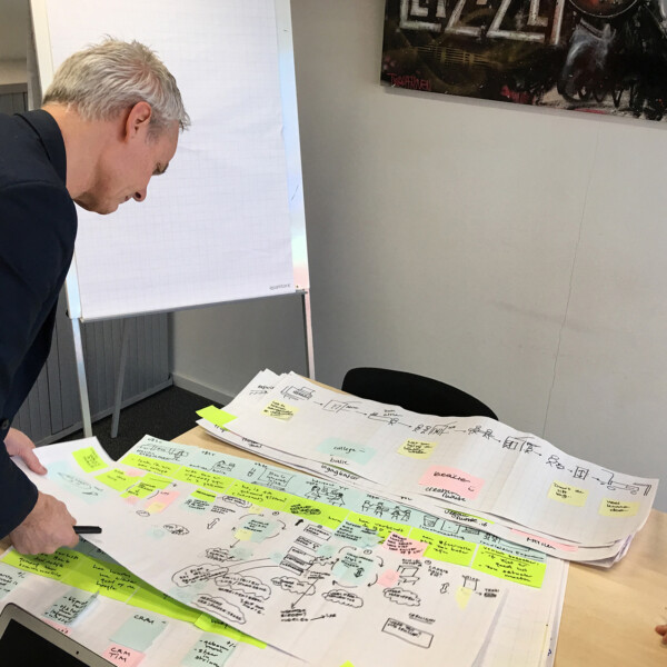 researcher and client studying customer journey maps made by staff