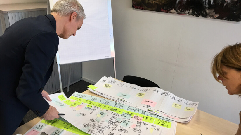 researcher and client studying customer journey maps made by staff