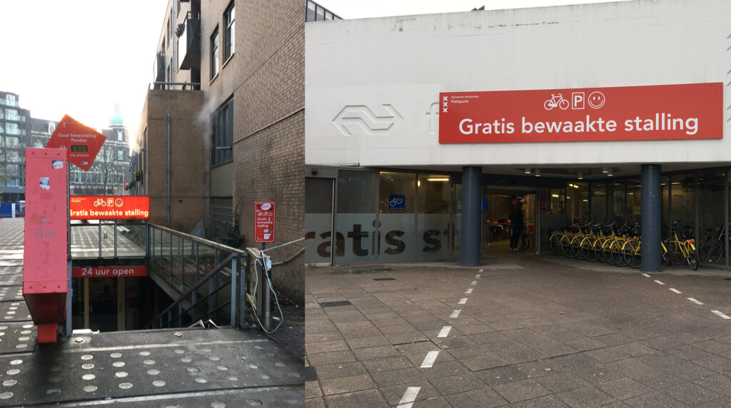 Two entrances to bike parking garages.