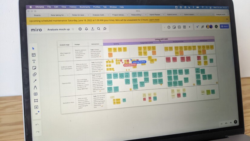 Photo of an online research analysis workshop with a dispersed team. One the screen is an online whiteboard showing the workshop template and people adding digital postit notes.