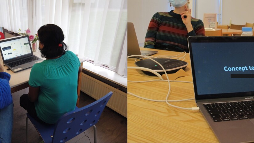 Two photos of in person research. On the left two people sit with their backs to the camera looking at a laptop screen. Researcher on the left, participant on the right. The right hand image shows a laptop on a table. These photos illustrate settings where in person research can be shared with wider stakeholders by taking recordings.