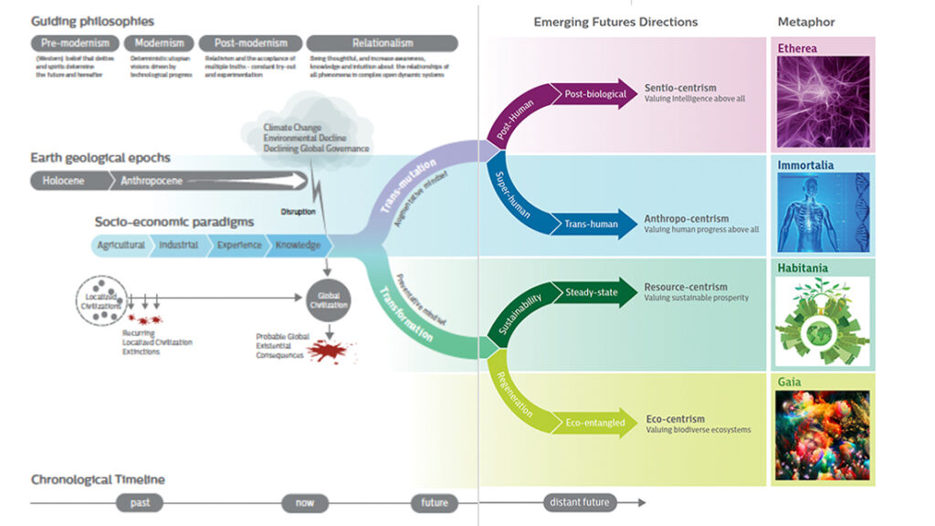 diagram that shows how the four future directions emerge from now and near future into distant future.