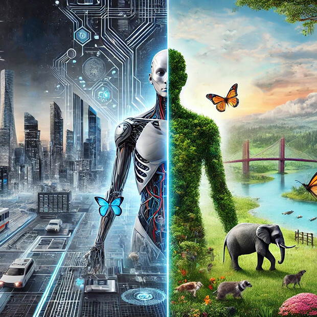 image generated by ChatGPT about post-human and more-than-human futures on each side