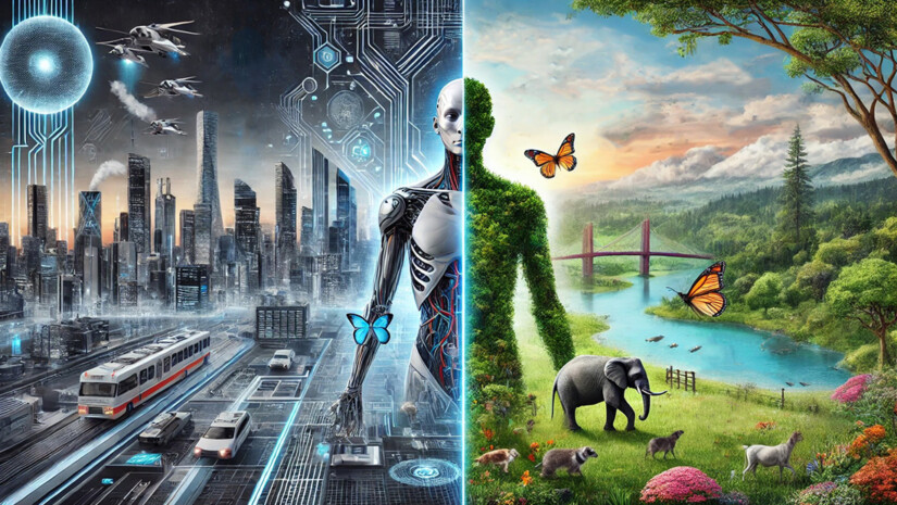 image generated by ChatGPT about post-human and more-than-human futures on each side